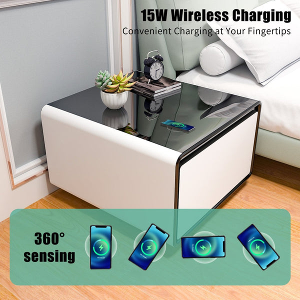 English Elm Modern Smart Side Table with Fridge Wireless Charging Usb Ports and Ambient Light W1172P476245