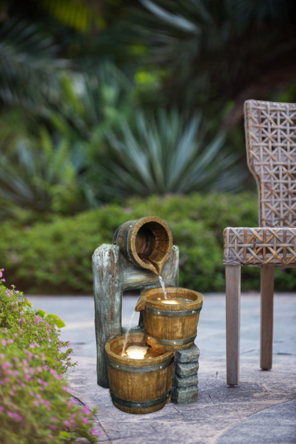 English Elm 10.4x9.4x19.1" Rustic Tiered Bucket Cascade Fountain with Led Lights for Patio Garden W2078P178869