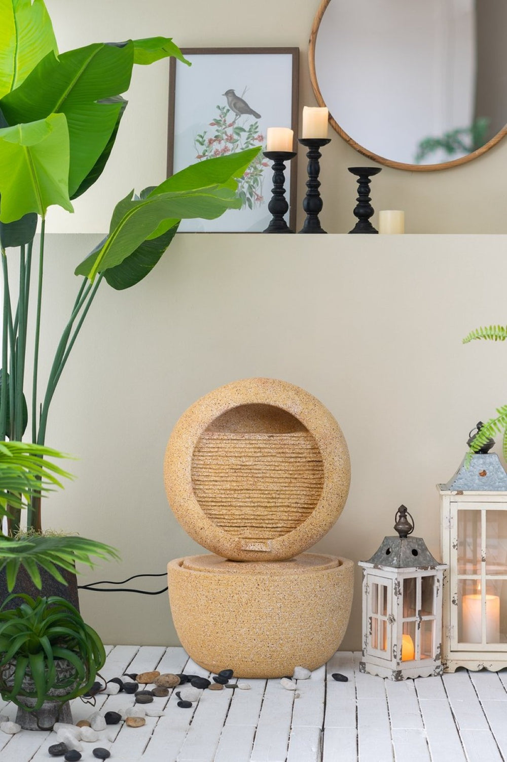 English Elm 21.7x21.7x34.3" Two Tier Cement Outdoor Fountain with Built-in Light and Recirculating Pump W2078S00012