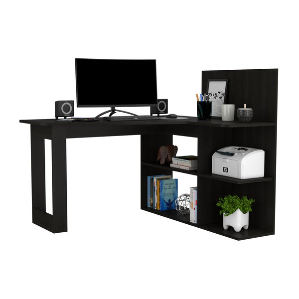 English Elm Masai Modern L-Shaped Writing Desk With 5 Open Shelves - Stylish Black Finish For Compact Spaces B200S00056