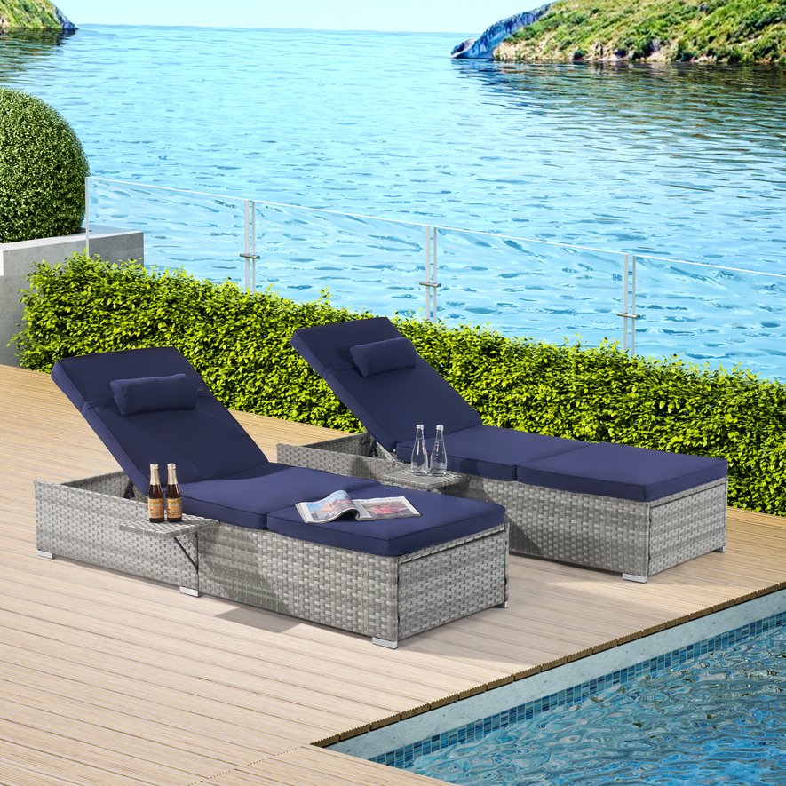 English Elm Outdoor Chaise Lounge Chair - Stylish Gray Pe Rattan With Deep-Blue Cushion For Ultimate Comfort W874P146996