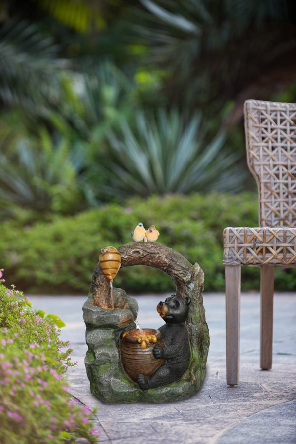 English Elm 18.5x11.8x22.6" Two-tier Polyresin Woodland Fountain with Bear Birds Pump and Light W2078P178886