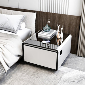 English Elm Modern Smart Side Table with Fridge Wireless Charging Usb Ports and Ambient Light W1172P476245