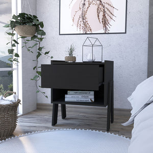 English Elm Hyacinth Nightstand Black Particle Board with Metal Rails, One Drawer & Open Shelf, Compact 18.9" H B128P148719