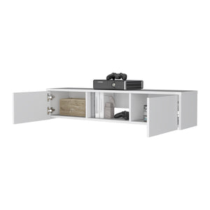 English Elm Tabor Minimalist Floating TV Stand Wall-Mount White with 2 Doors, Open Shelf & Cable Management B128P176182