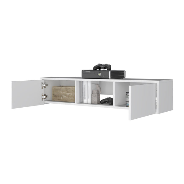 English Elm Tabor Minimalist Floating TV Stand Wall-Mount White with 2 Doors, Open Shelf & Cable Management B128P176182