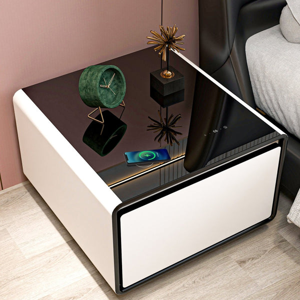 English Elm Modern Smart Side Table with Fridge Wireless Charging Usb Ports and Ambient Light W1172P476245