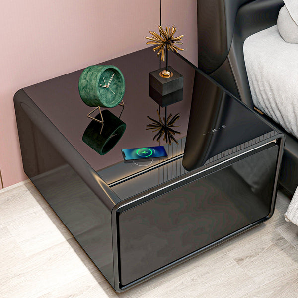 English Elm Modern Smart Side Table With Mini Fridge, Wireless Charging, Usb Ports & Induction Light - Black W1172P178854