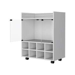 English Elm Minneapolis Mobile Bar Cart with 8-Bottle Rack, Glass Display Cabinet, Aluminum Top & Casters - White B128P176156