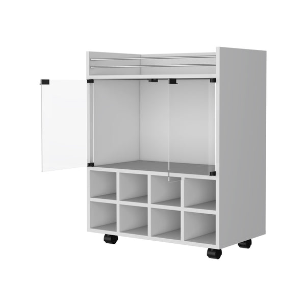 English Elm Minneapolis Mobile Bar Cart with 8-Bottle Rack, Glass Display Cabinet, Aluminum Top & Casters - White B128P176156