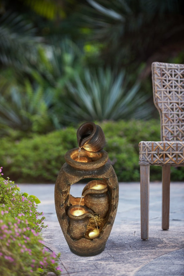 English Elm 15.4x11.8x32.7" Three Tier Cascading Pot Fountain with Light Rustic Indoor Outdoor W2078138957