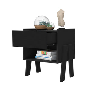 English Elm Hyacinth Nightstand Black Particle Board with Metal Rails, One Drawer & Open Shelf, Compact 18.9" H B128P148719