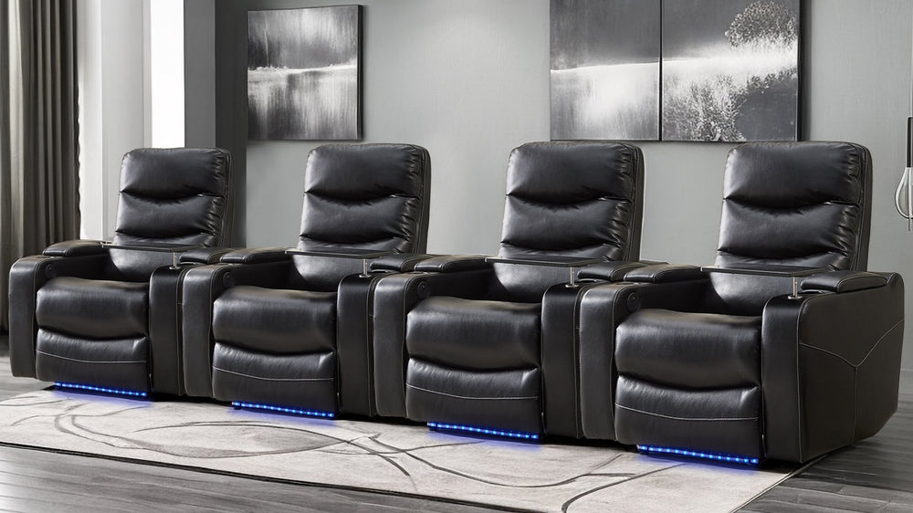 English Elm M062 Power Recliner Faux Leather Chair with Led Lighting Usb Port and Storage Black W1805S00032