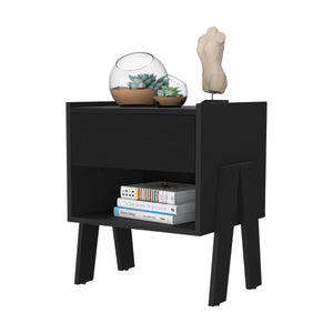 English Elm Hyacinth Nightstand Black Particle Board with Metal Rails, One Drawer & Open Shelf, Compact 18.9" H B128P148719