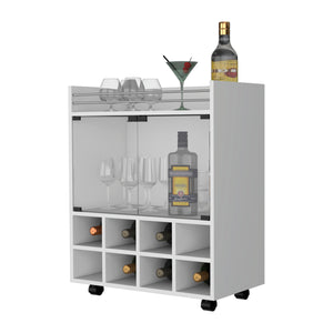 English Elm Minneapolis Mobile Bar Cart with 8-Bottle Rack, Glass Display Cabinet, Aluminum Top & Casters - White B128P176156