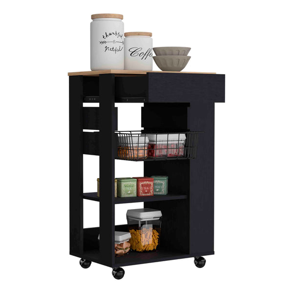 English Elm Blosson Kitchen Cart - Stylish Black & Light Oak Storage With Drawer, Shelves, And Easy Mobility B200S00098