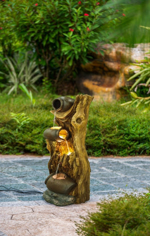 English Elm 12.4x11.6x37.8" Three Tier Tree Trunk Outdoor Fountain with Led Lights Pump Included W2078P178872