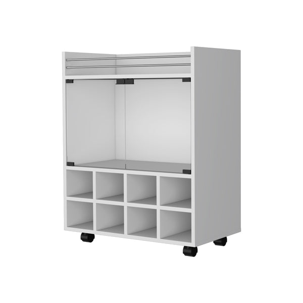 English Elm Minneapolis Mobile Bar Cart with 8-Bottle Rack, Glass Display Cabinet, Aluminum Top & Casters - White B128P176156