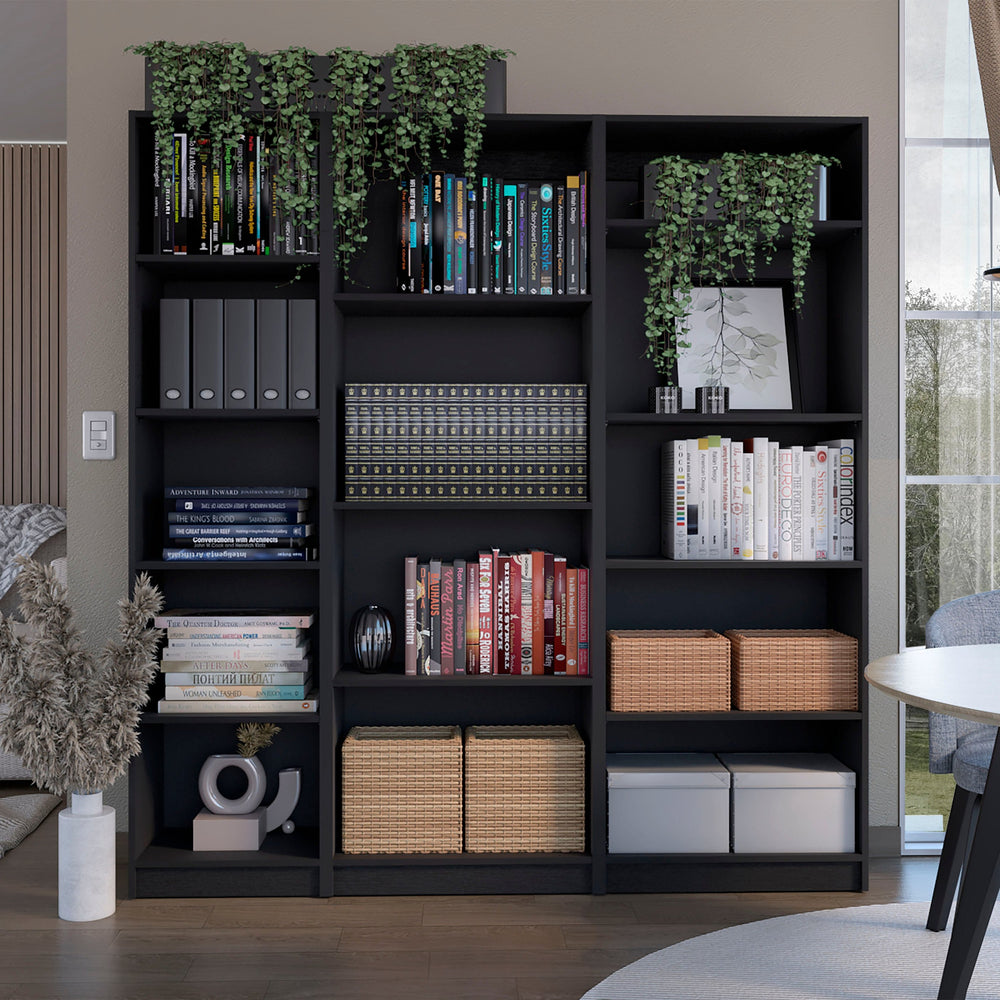 English Elm Wenge 3-Piece Living Room Set with 11 Shelves — Sleek Black Wenge Bookcases for Stylish, Versatile Storage (71.1" H) B062S00442