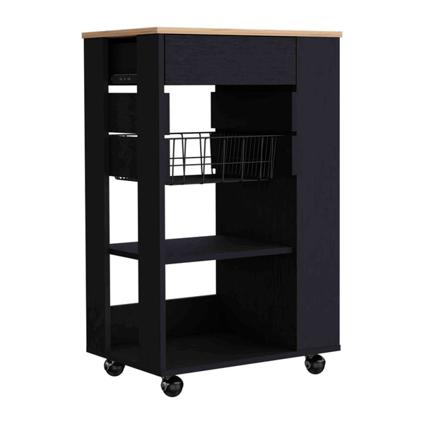 English Elm Blosson Kitchen Cart - Stylish Black & Light Oak Storage With Drawer, Shelves, And Easy Mobility B200S00098