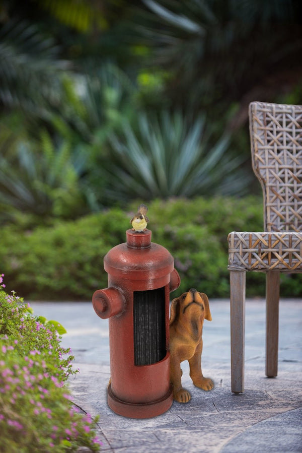 English Elm 16.2x11x26.8" Red Fire Hydrant Polyresin Garden Fountain with Dog Bird Light Pump W2078P178884