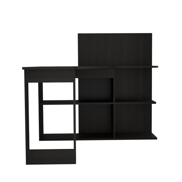 English Elm Masai Modern L-Shaped Writing Desk With 5 Open Shelves - Stylish Black Finish For Compact Spaces B200S00056