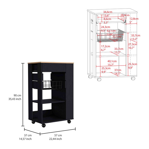 English Elm Blosson Kitchen Cart - Stylish Black & Light Oak Storage With Drawer, Shelves, And Easy Mobility B200S00098