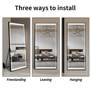 English Elm LED Mirror Full Length with Aviation Aluminum Frame, Explosion-Proof Glass, Dimmable Lights, Stand-Up W2709P178789