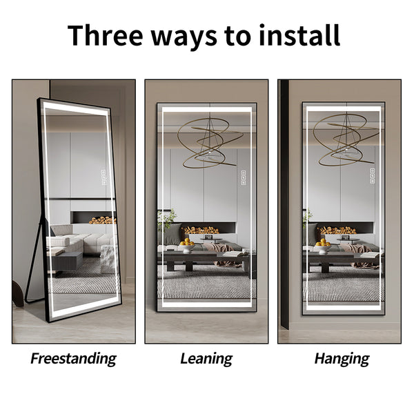 English Elm LED Mirror Full Length with Aviation Aluminum Frame, Explosion-Proof Glass, Dimmable Lights, Stand-Up W2709P178789