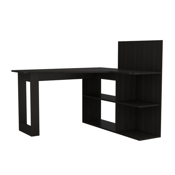 English Elm Masai Modern L-Shaped Writing Desk With 5 Open Shelves - Stylish Black Finish For Compact Spaces B200S00056