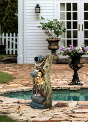 English Elm 12.4x11.6x37.8" Three Tier Tree Trunk Outdoor Fountain with Led Lights Pump Included W2078P178872