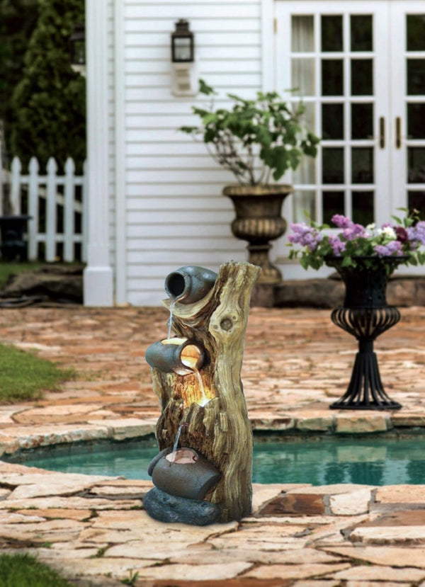 English Elm 12.4x11.6x37.8" Three Tier Tree Trunk Outdoor Fountain with Led Lights Pump Included W2078P178872