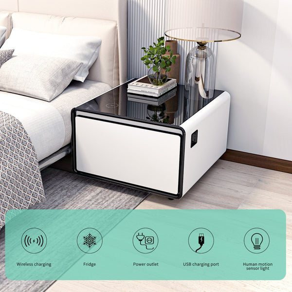 English Elm Modern Smart Side Table with Fridge Wireless Charging Usb Ports and Ambient Light W1172P476245