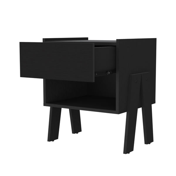English Elm Hyacinth Nightstand Black Particle Board with Metal Rails, One Drawer & Open Shelf, Compact 18.9" H B128P148719