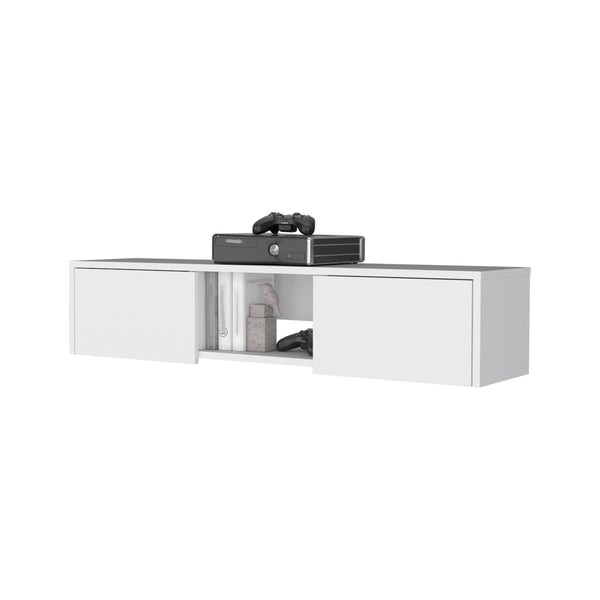 English Elm Tabor Minimalist Floating TV Stand Wall-Mount White with 2 Doors, Open Shelf & Cable Management B128P176182