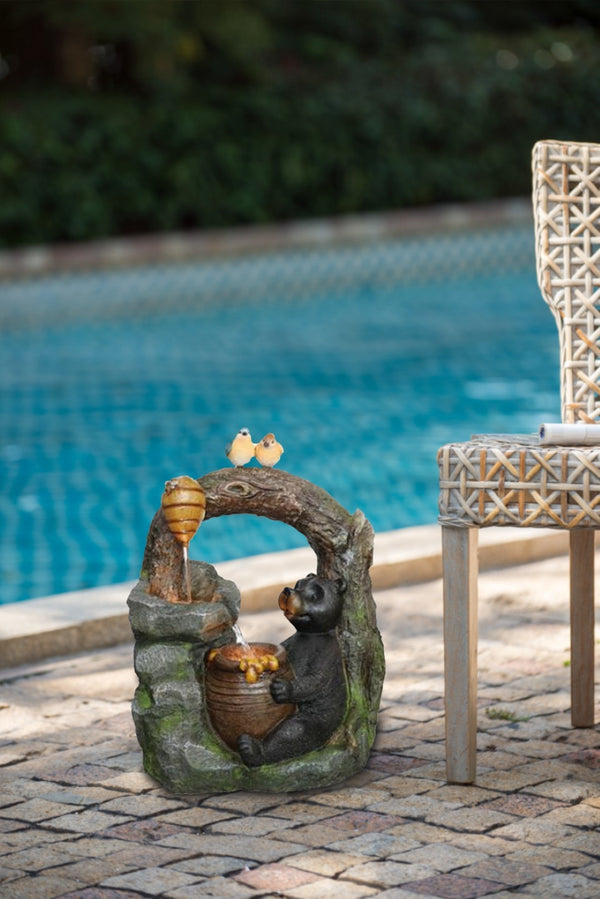 English Elm 18.5x11.8x22.6" Two-tier Polyresin Woodland Fountain with Bear Birds Pump and Light W2078P178886