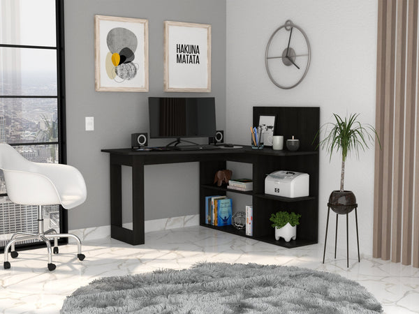 English Elm Masai Modern L-Shaped Writing Desk With 5 Open Shelves - Stylish Black Finish For Compact Spaces B200S00056