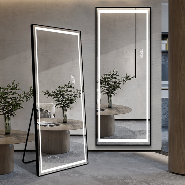 English Elm LED Mirror Full Length with Aviation Aluminum Frame, Explosion-Proof Glass, Dimmable Lights, Stand-Up W2709P178789
