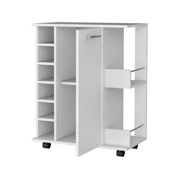 English Elm Newport Modern Bar Cart with Casters, 6-Bottle Rack, Cabinet & 2 Open Shelves for Entertaining B128P176154