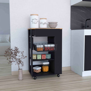 English Elm Blosson Kitchen Cart - Stylish Black & Light Oak Storage With Drawer, Shelves, And Easy Mobility B200S00098