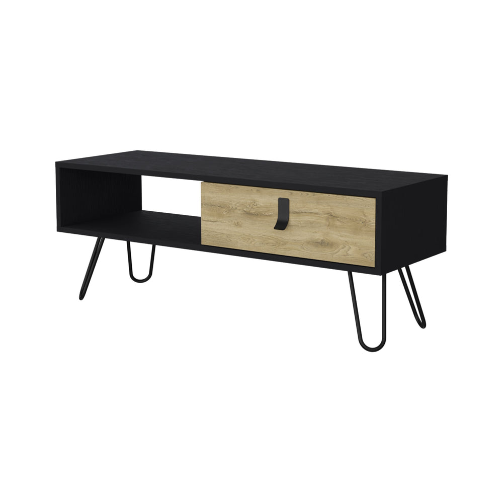 English Elm Kimball Mid-Century Coffee Table with Drawer & Open Shelf, Macadamia/Black Finish on Hairpin Legs B128P176172