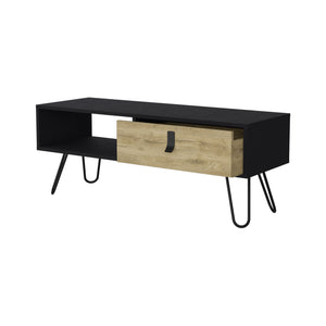 English Elm Kimball Mid-Century Coffee Table with Drawer & Open Shelf, Macadamia/Black Finish on Hairpin Legs B128P176172