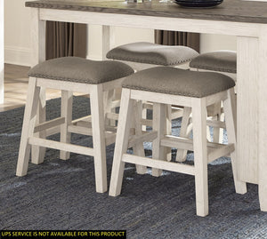 English Elm Antique Counter Height Barstool Set of 2 – Whitewashed Acacia Veneer, Brown Textured Upholstered Seats with Nailhead Trim, Casual Dining Furniture B011P178967