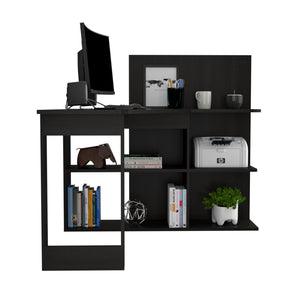English Elm Masai Modern L-Shaped Writing Desk With 5 Open Shelves - Stylish Black Finish For Compact Spaces B200S00056