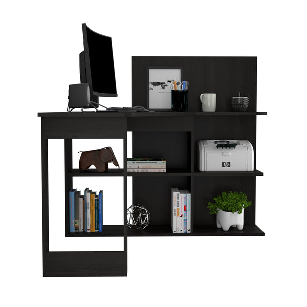 English Elm Masai Modern L-Shaped Writing Desk With 5 Open Shelves - Stylish Black Finish For Compact Spaces B200S00056