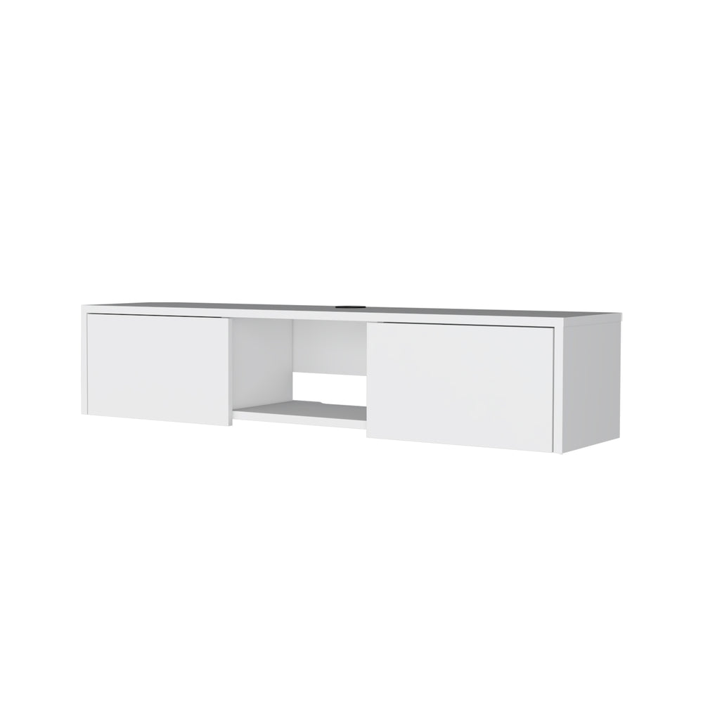 English Elm Tabor Minimalist Floating TV Stand Wall-Mount White with 2 Doors, Open Shelf & Cable Management B128P176182