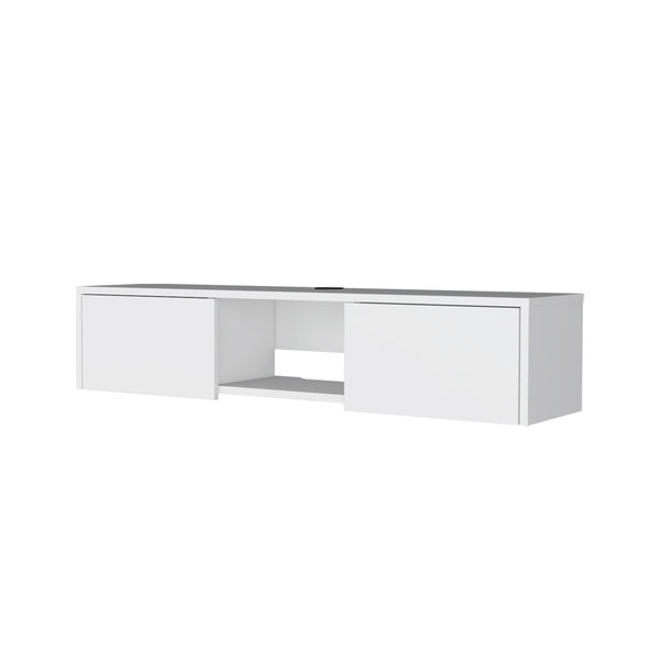 English Elm Tabor Minimalist Floating TV Stand Wall-Mount White with 2 Doors, Open Shelf & Cable Management B128P176182