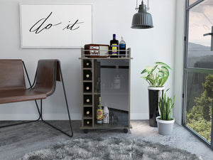 English Elm Vegas Two-Tier Bar Cart with Glass Door, Six Liquor Cubbies, Lockable Wheels, Light Gray Finish B128P176149