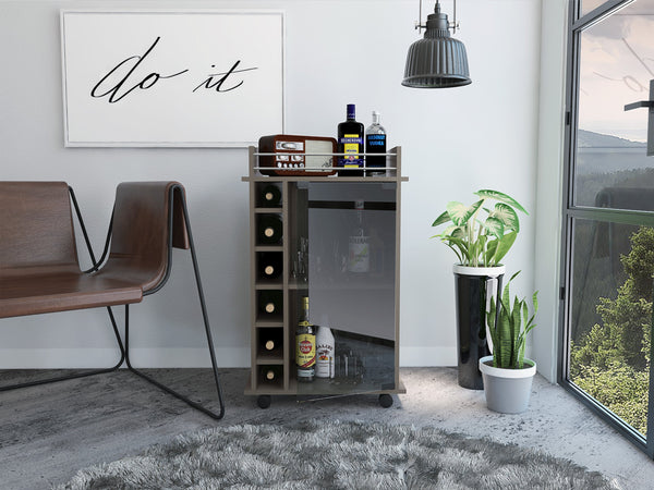 English Elm Vegas Two-Tier Bar Cart with Glass Door, Six Liquor Cubbies, Lockable Wheels, Light Gray Finish B128P176149