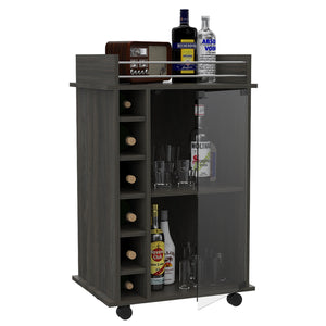English Elm Vegas Two-Tier Bar Cart with Glass Door, Six Liquor Cubbies, Lockable Wheels & Metal Rails B128P176150